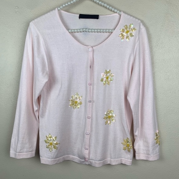 Alpha Massimo Rebecchi Pink Beaded Cardigan Floral Modest Flowers Prairie Preppy - Picture 1 of 6